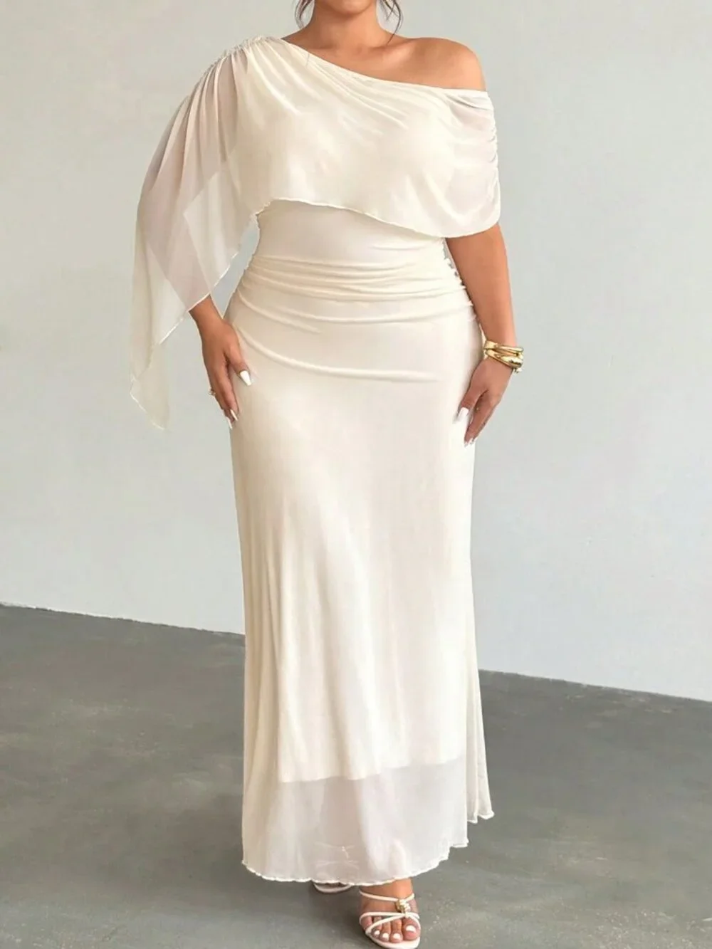 Apricot Elegant Women's Ruched Asymmetrical One Shoulder Long Pencil Dress